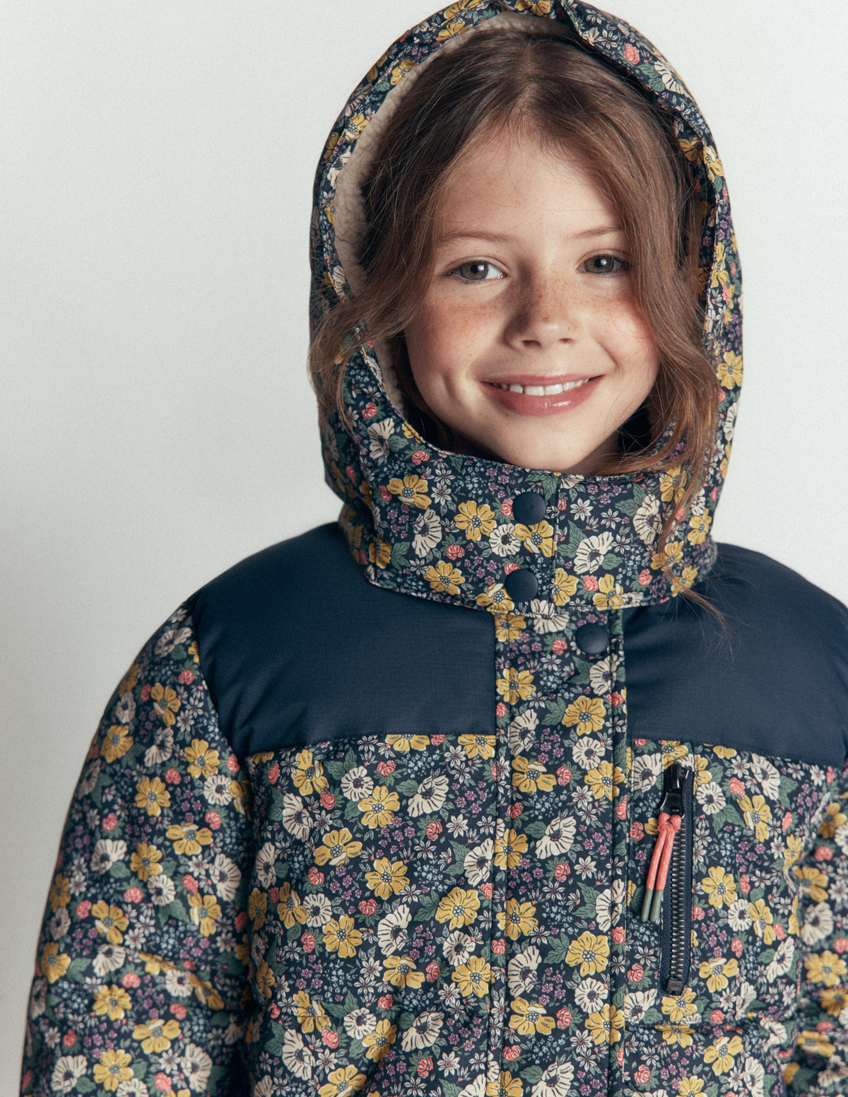 Borg Lined Puffer Coat-French Navy Mixed Flowerbed - Image 2