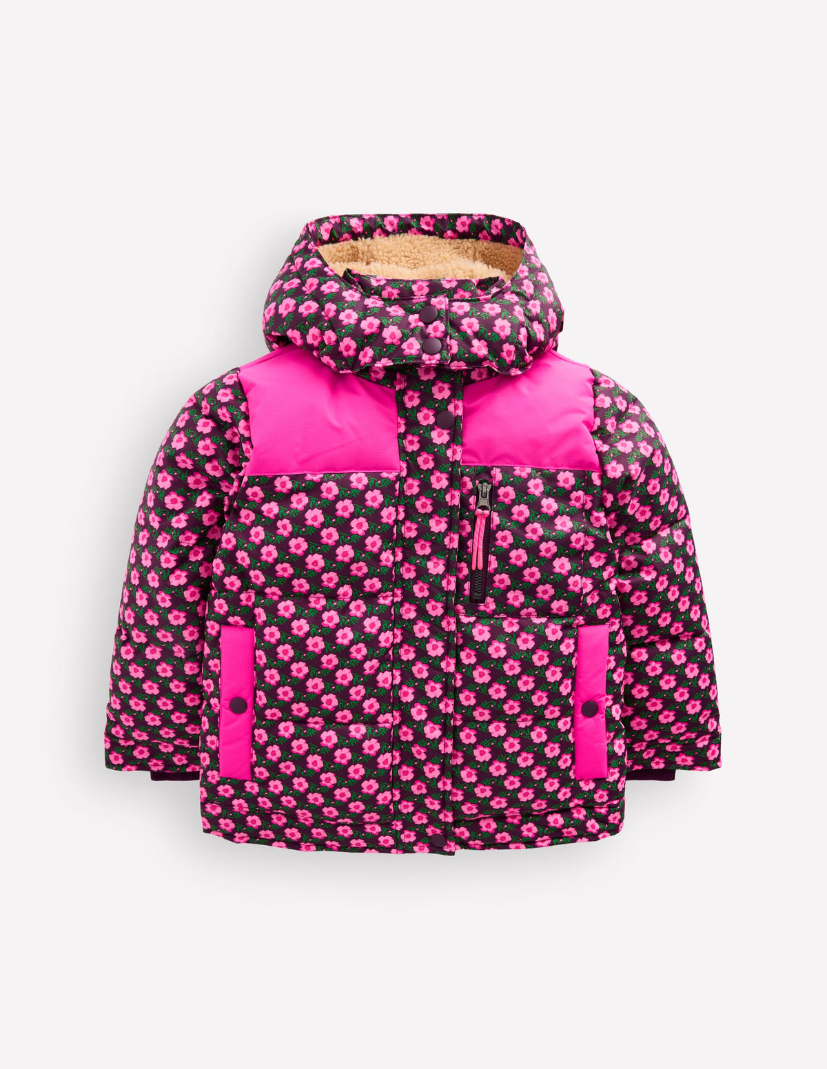 Borg Lined Puffer Coat-Pink Pansy Flower-1