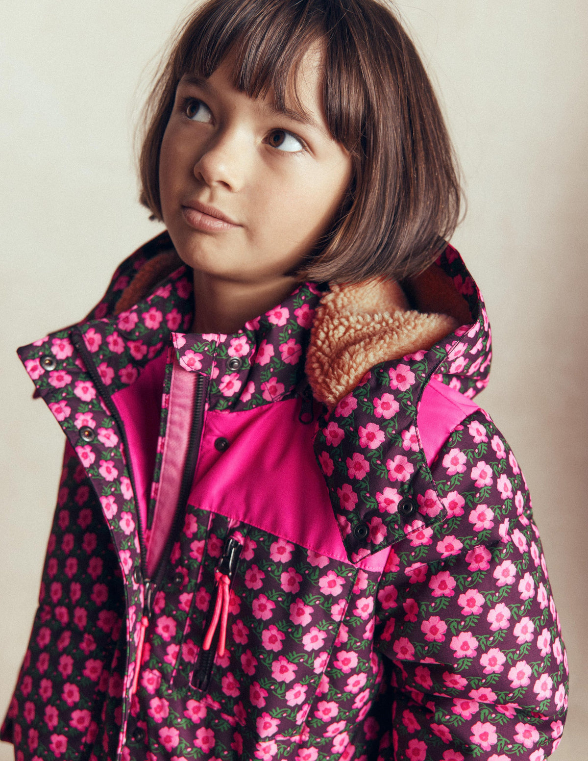 Borg Lined Puffer Coat-Pink Pansy Flower - Image 1