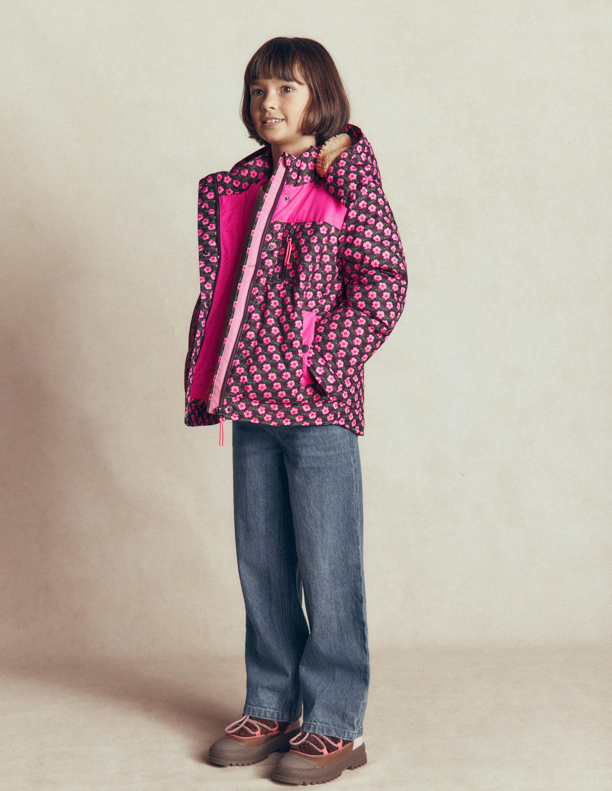 Borg Lined Puffer Coat-Pink Pansy Flower - Image 4
