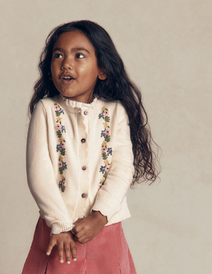 Pretty Embroidered Cardigan-Ecru Marl Floral Embroidery