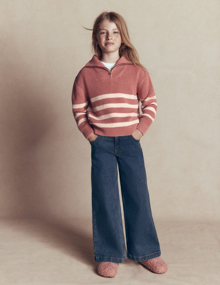 Zip Up Neck Jumper-Dusty Rose Marl
