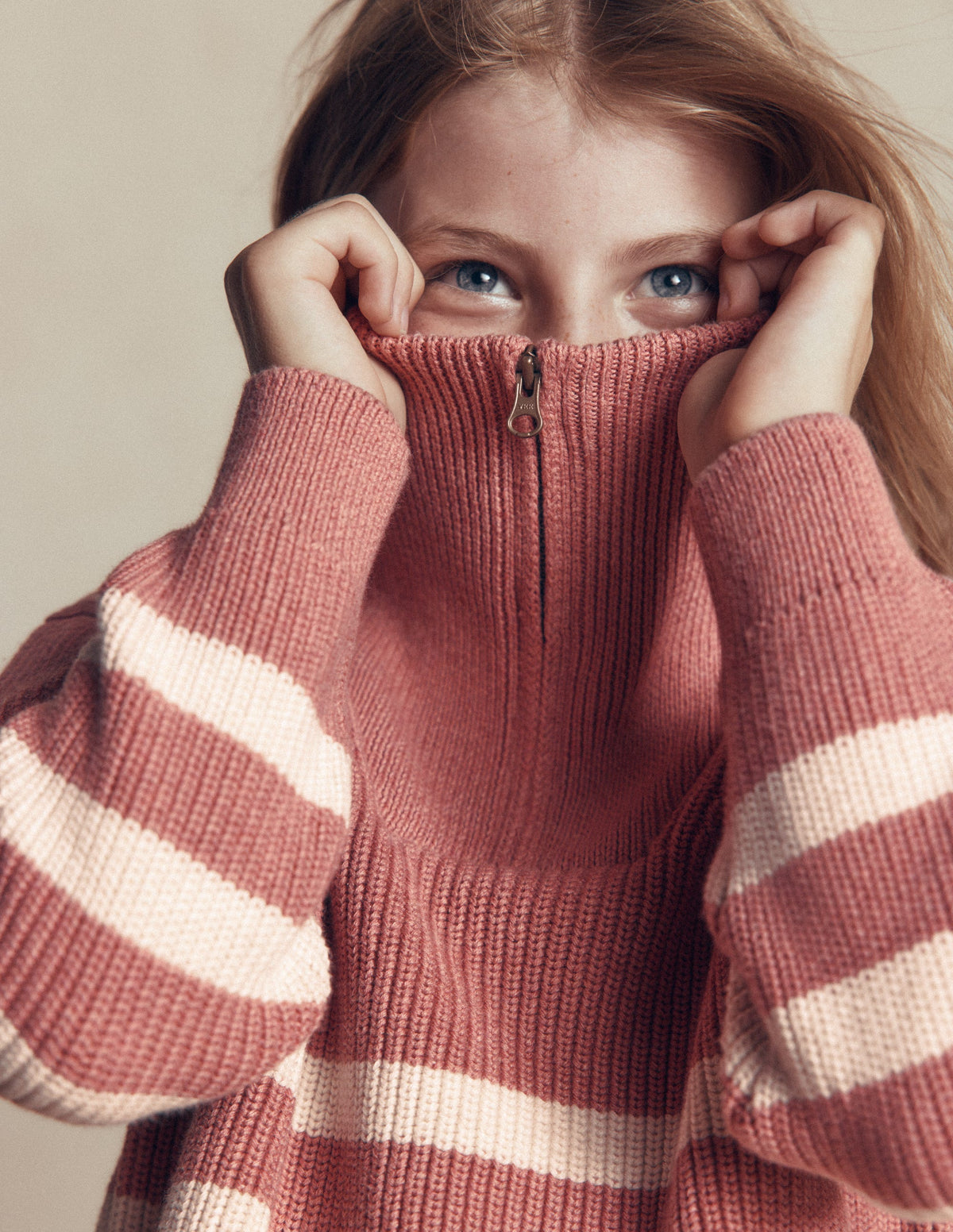Zip Up Neck Jumper-Dusty Rose Marl-2