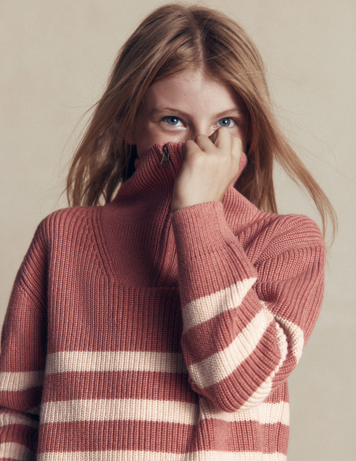 Zip Up Neck Jumper-Dusty Rose Marl-3