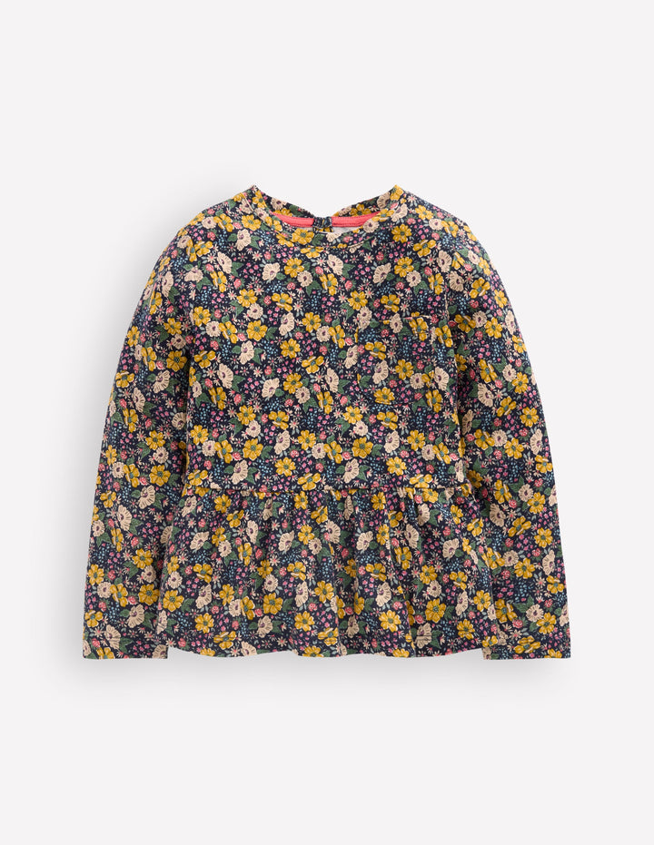 Long Sleeve Peplum Top-Navy Floral