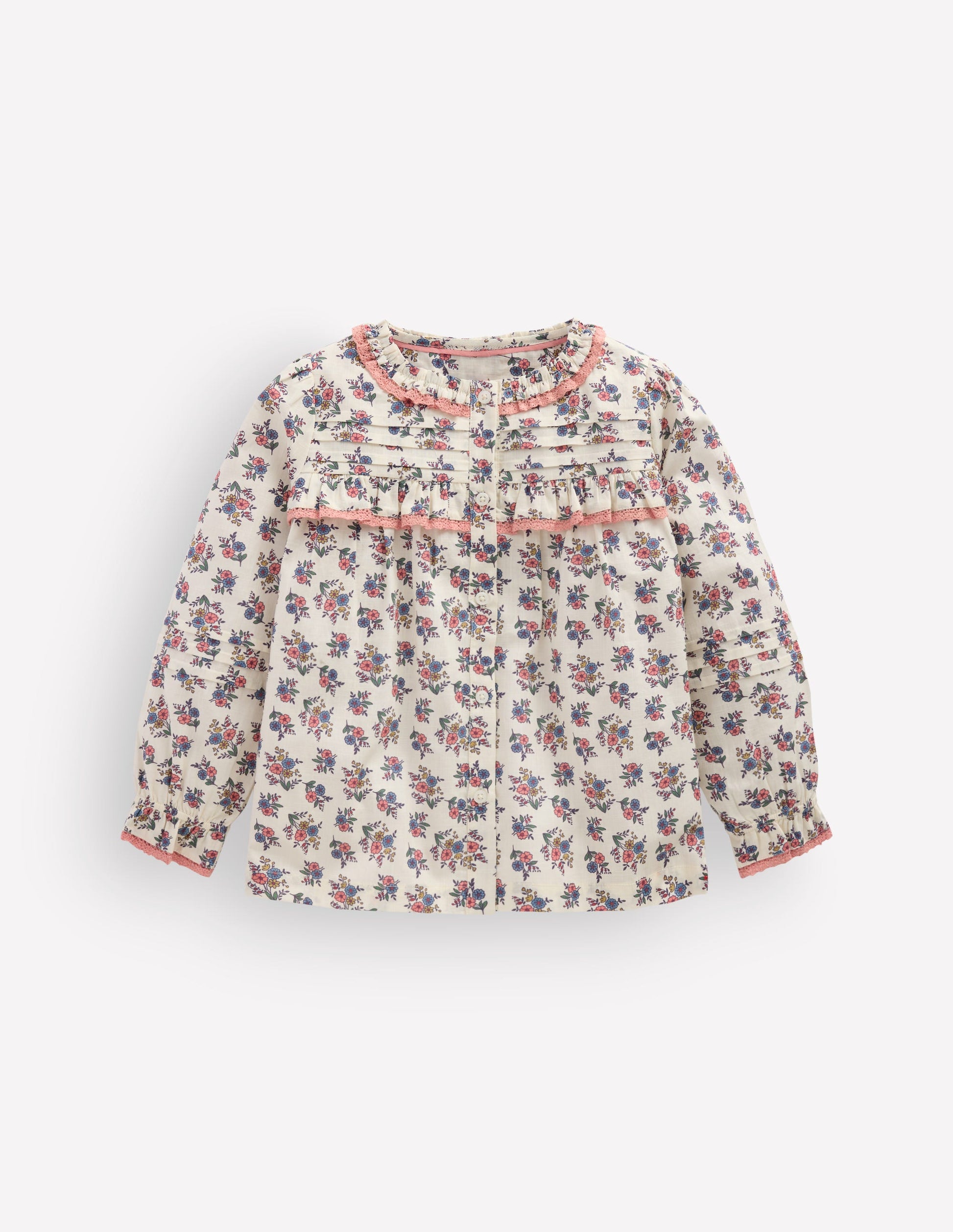 Frill Button Through Woven Top-Soft Cream Floral Trellis-2