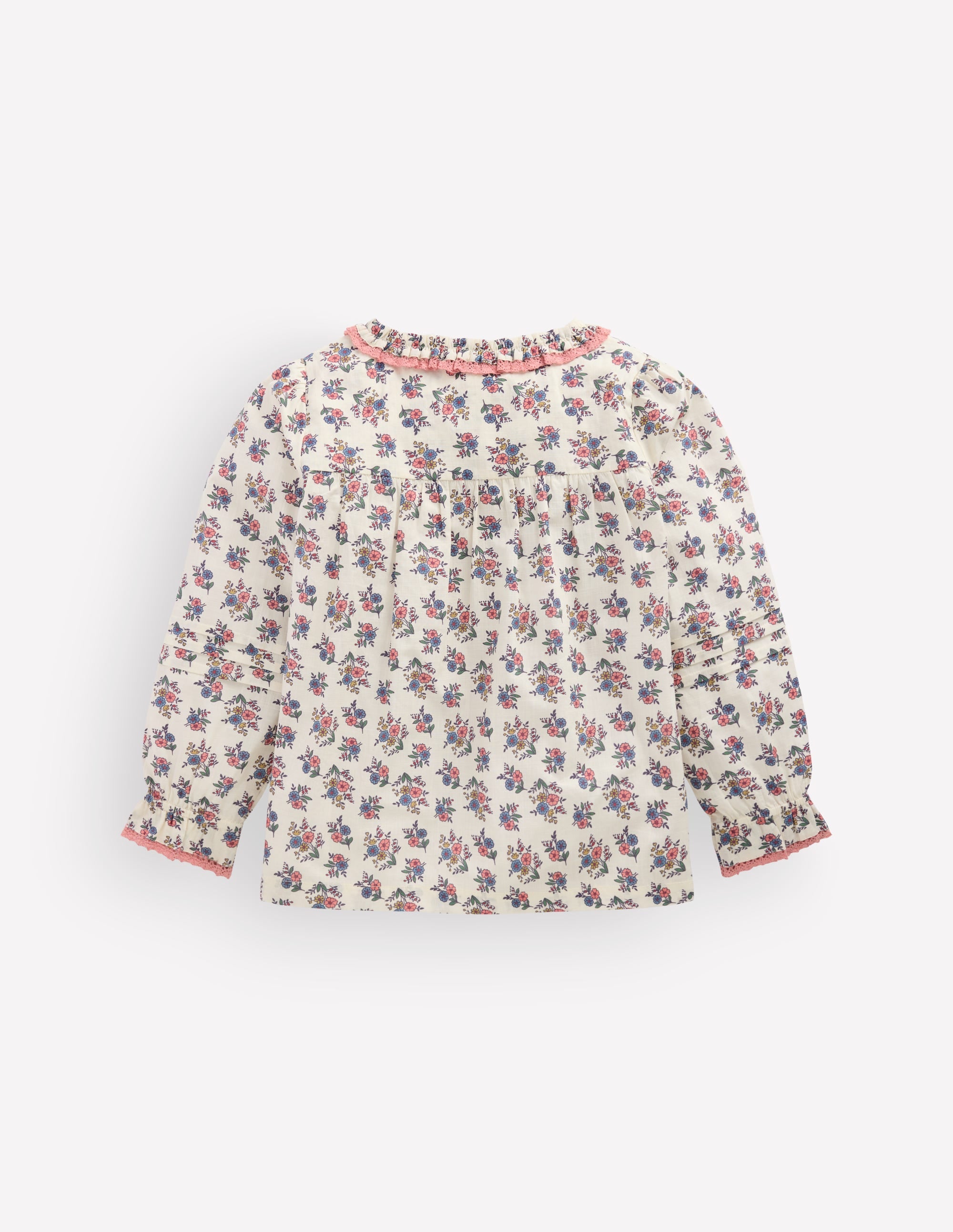 Frill Button Through Woven Top-Soft Cream Floral Trellis - Image 3
