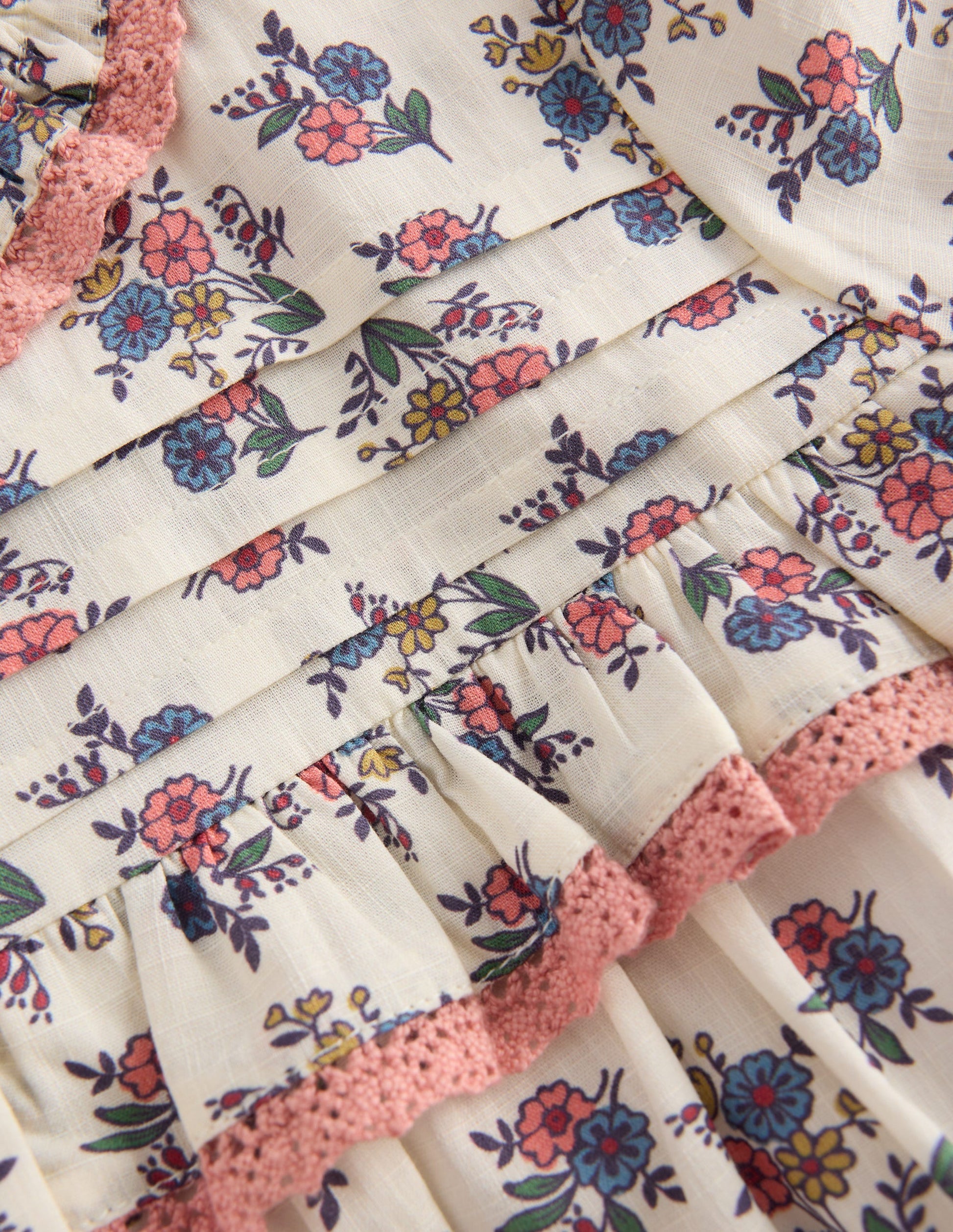 Frill Button Through Woven Top-Soft Cream Floral Trellis-4