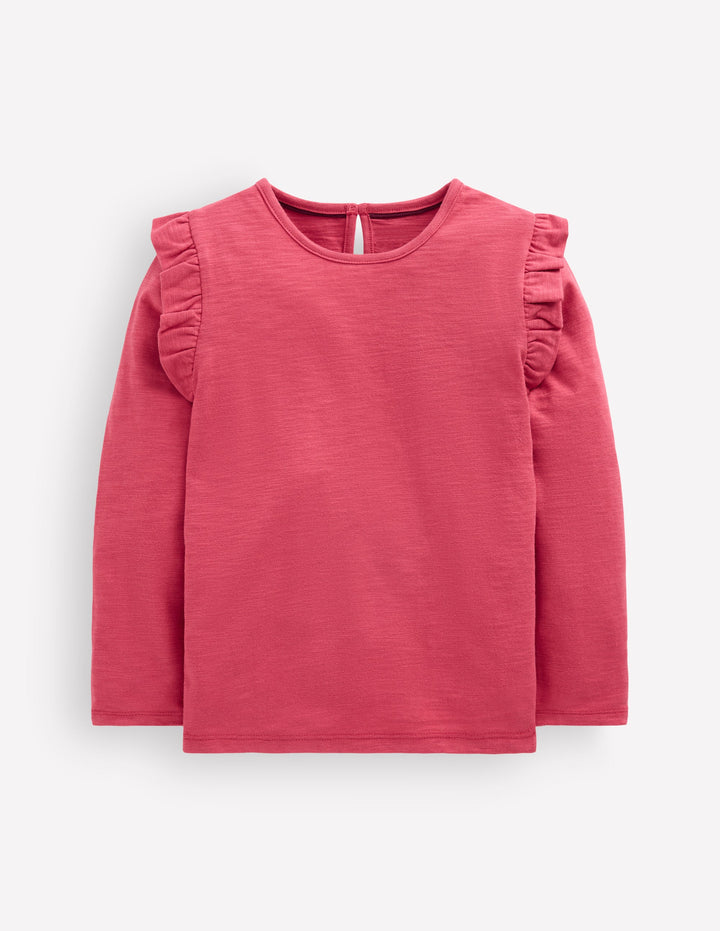 Frill Sleeve Slub Top-Holly Berry