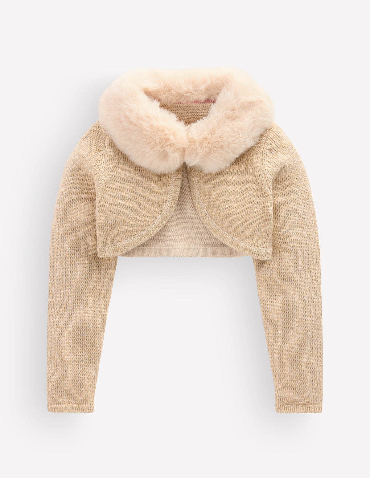 Faux Fur Trim Cropped Cardigan-Gold Spakle-1