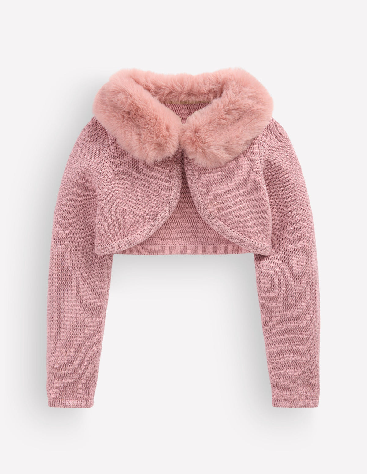 Faux Fur Trim Cropped Cardigan-Rose Sparkle-1