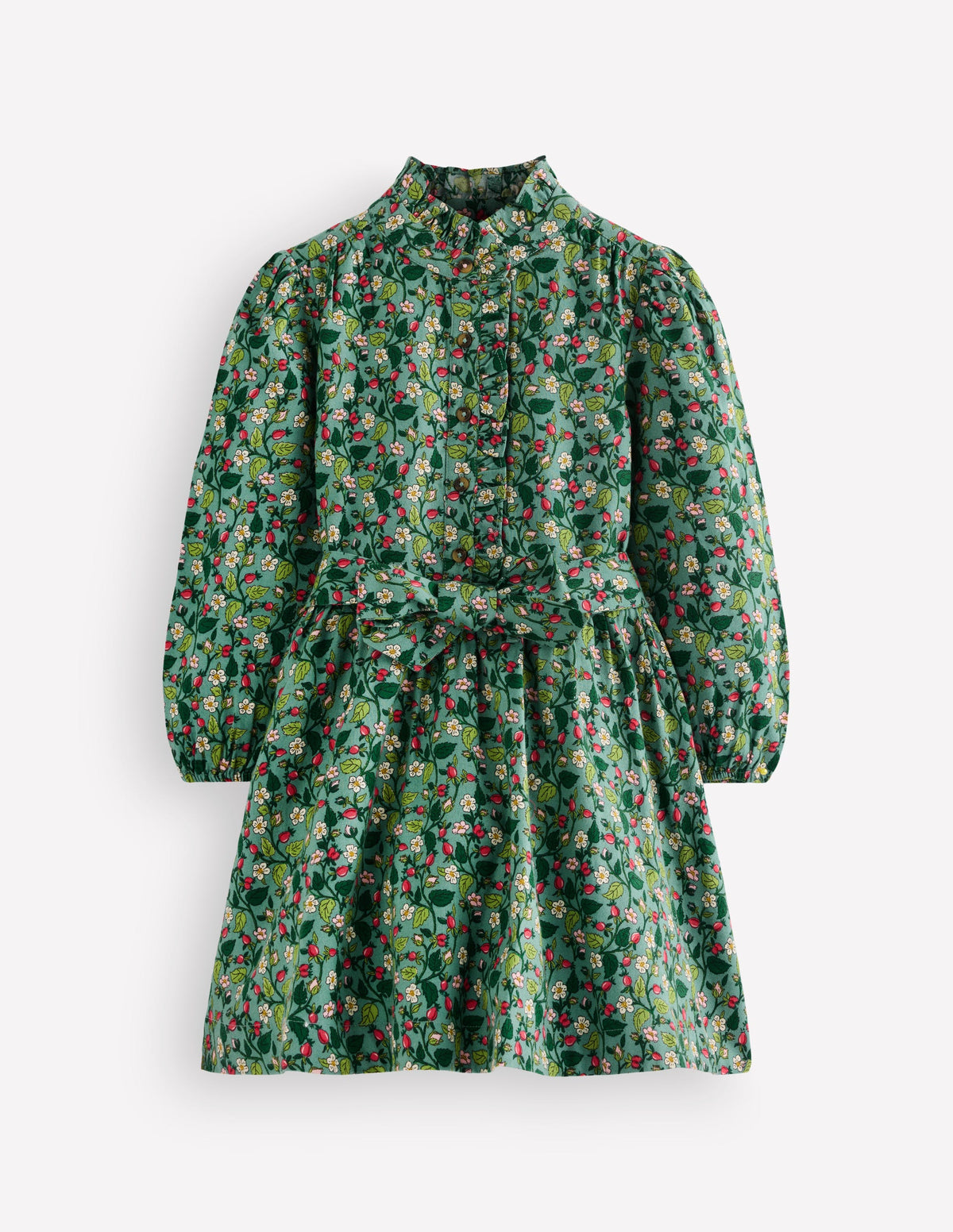 Maude Ruffle Shirt Dress-Green Berry Floral-2
