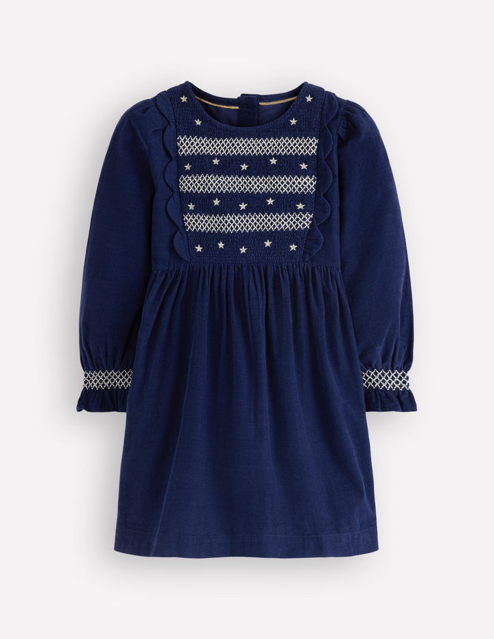 Smocked Corduroy Sparkle Dress-College Navy Stars