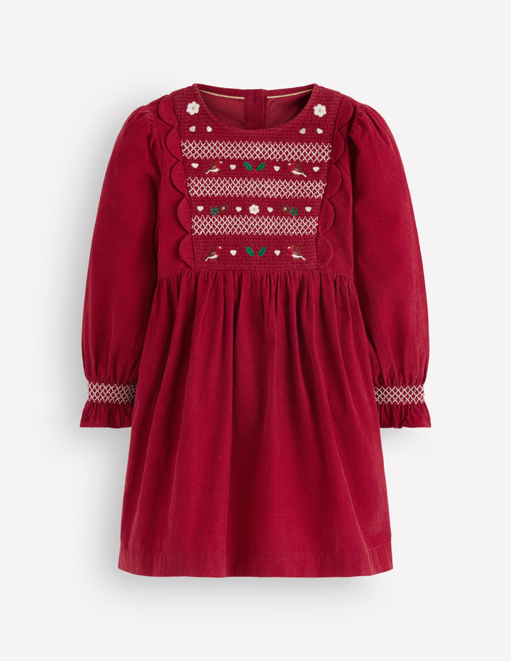Smocked Corduroy Sparkle Dress-Red Festive Robins