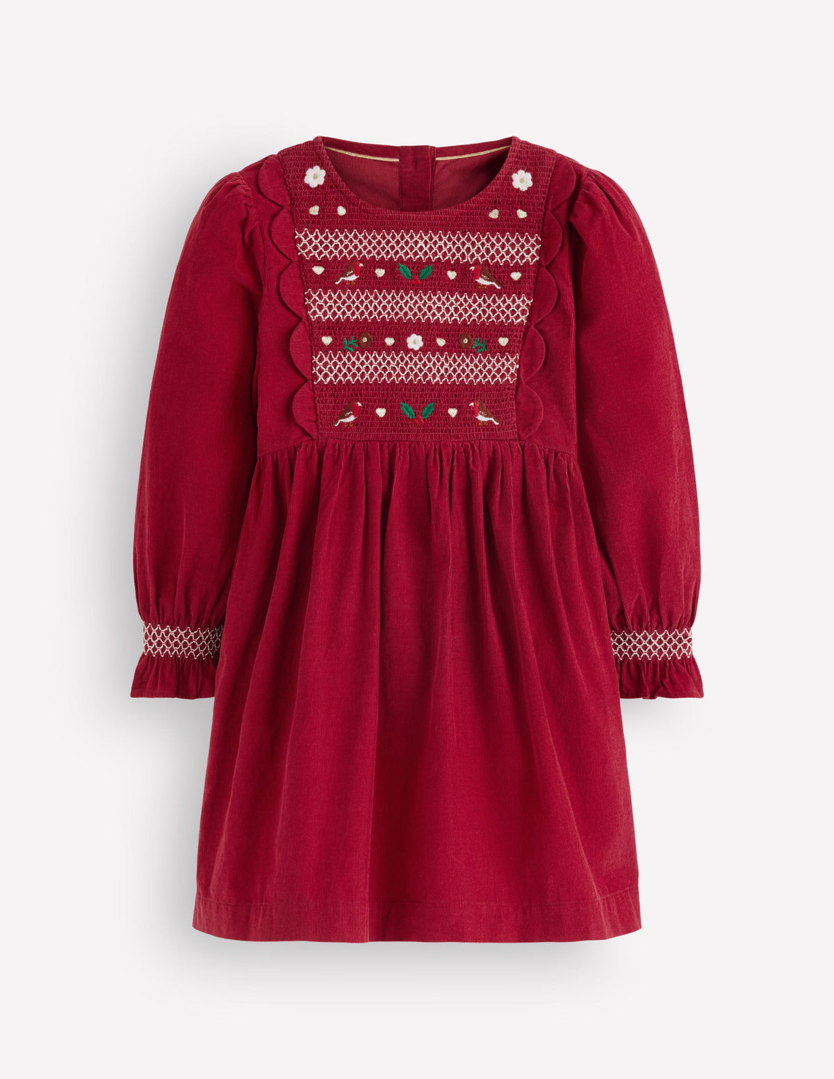 Smocked Corduroy Sparkle Dress-Red Festive Robins - Image 2