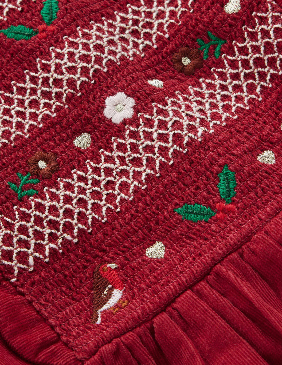 Smocked Corduroy Sparkle Dress-Red Festive Robins - Image 4