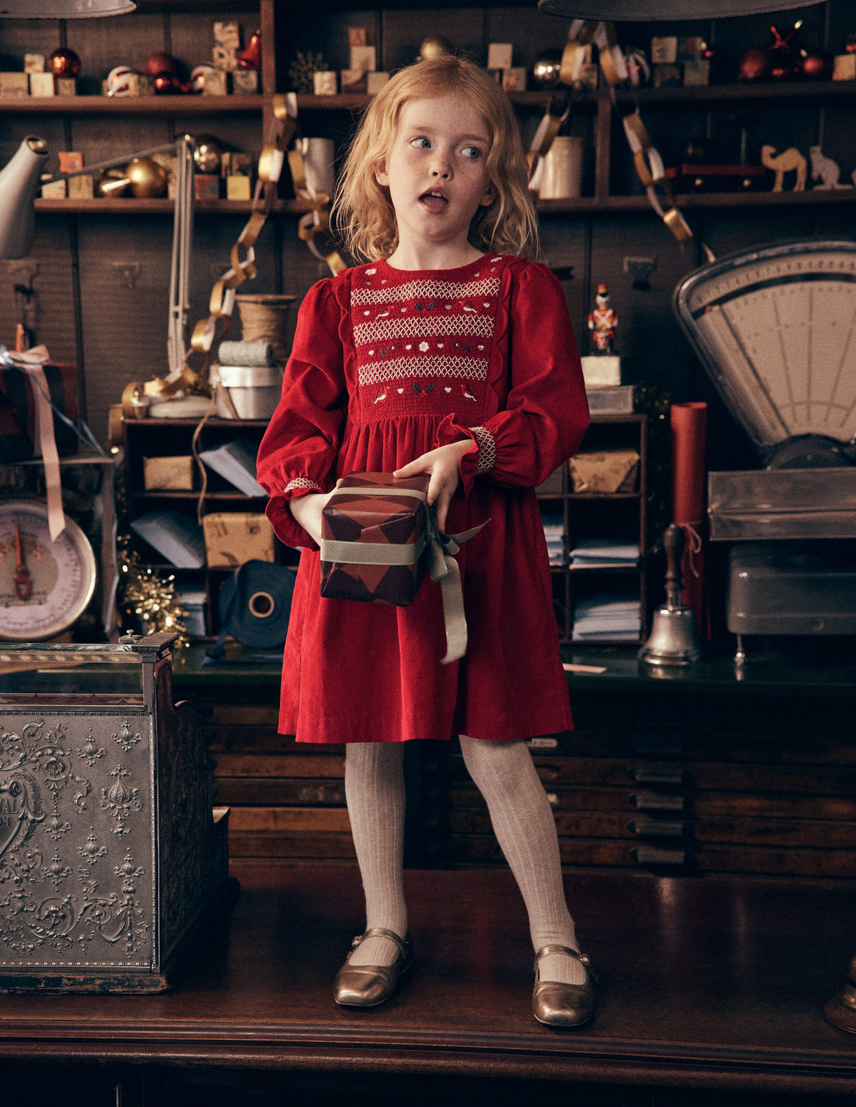 Smocked Corduroy Sparkle Dress-Red Festive Robins - Image 1