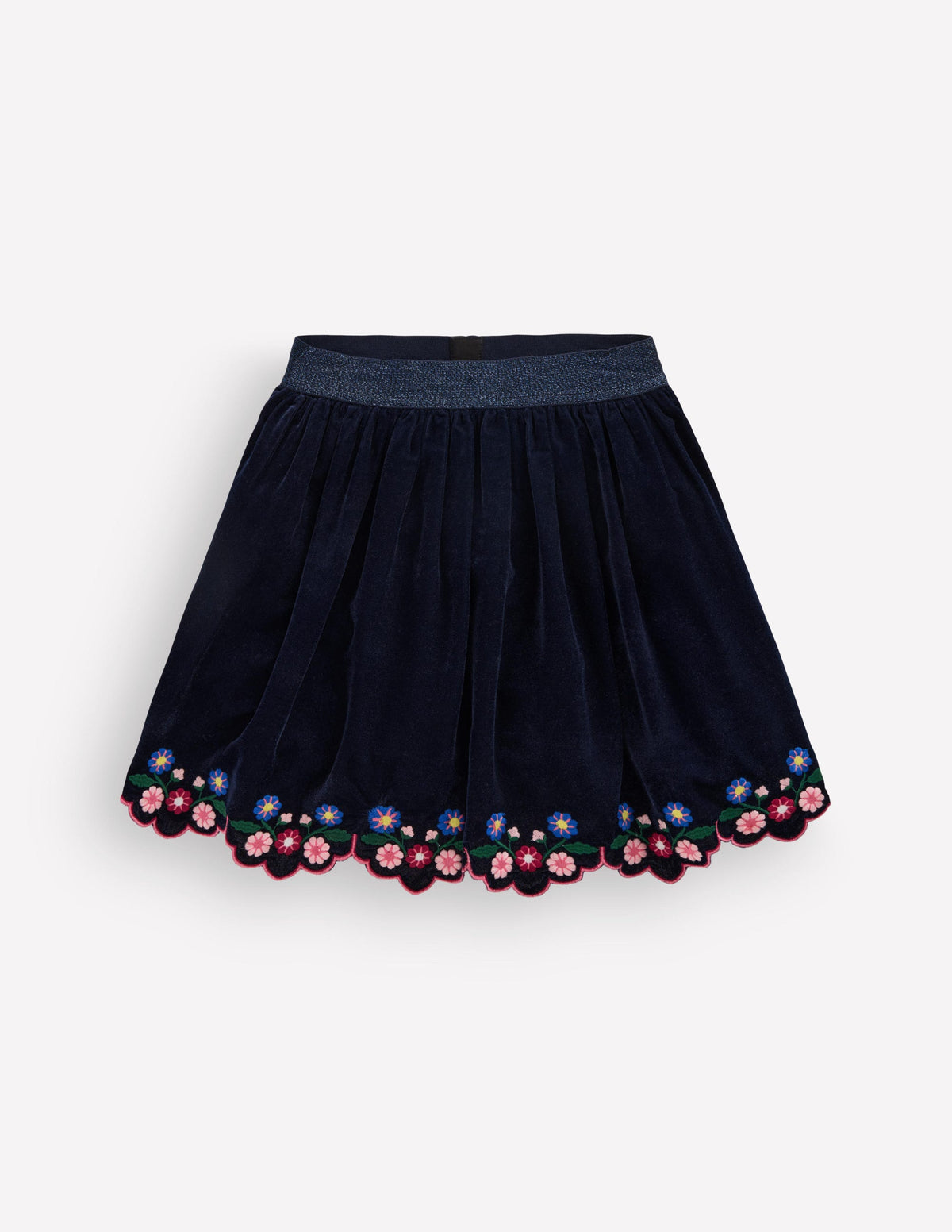 Scallop Hem Velvet Skirt-Navy Embroidery-1
