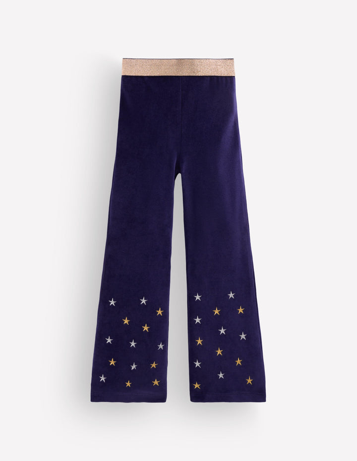 Velvet Flared Leggings-Navy Embroidered Stars