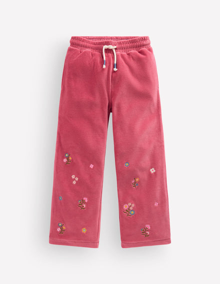 Velour Wide Leg Joggers-Pink Embroidery
