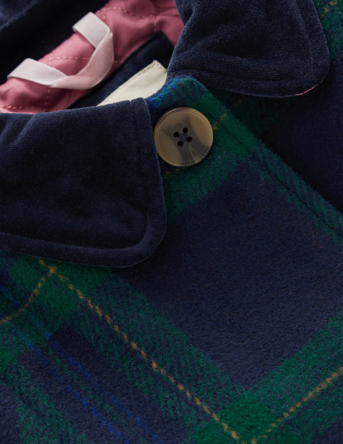 Velvet Trim Wool Coat-Navy Check-4