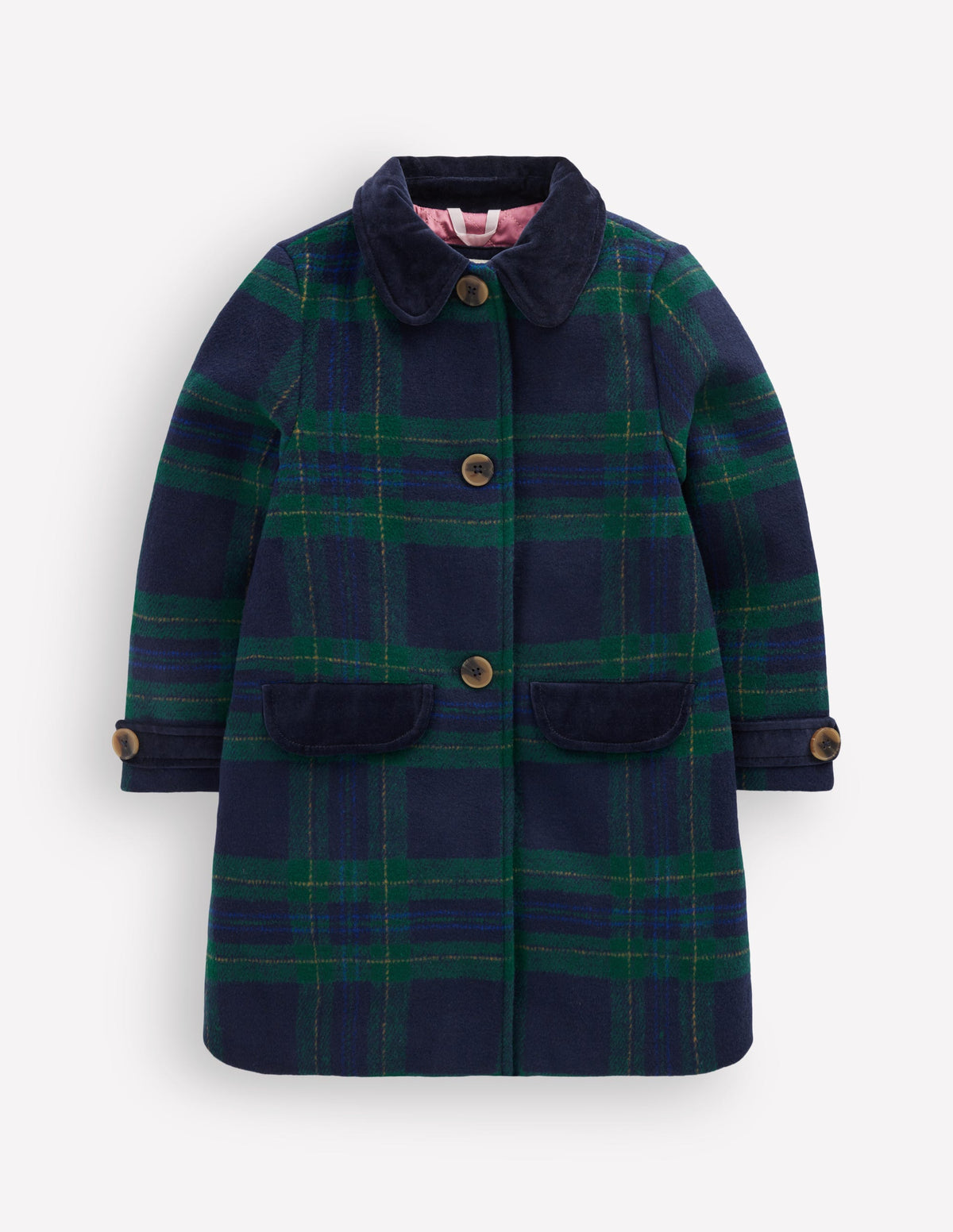 Velvet Trim Wool Coat-Navy Check - Image 2