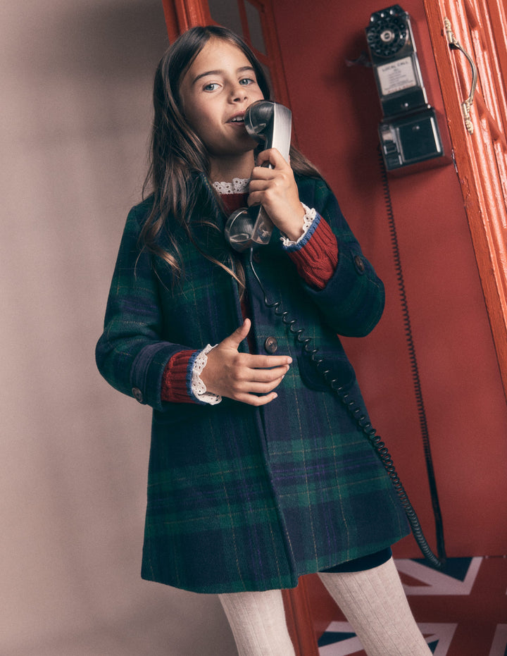 Velvet Trim Wool Coat-Navy Check