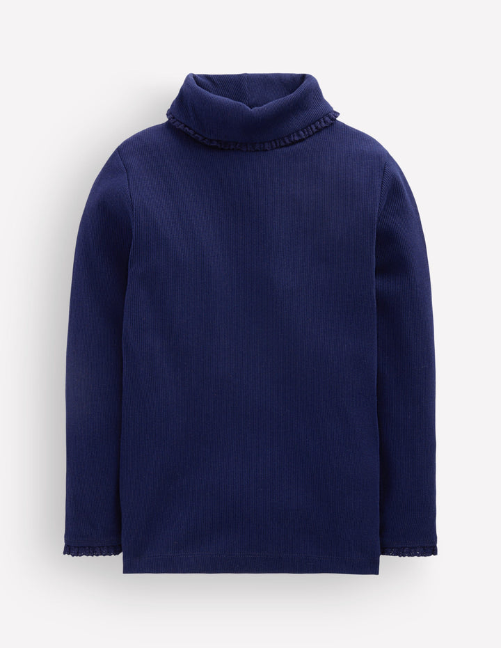 Lace Trim Roll Neck Top-Navy