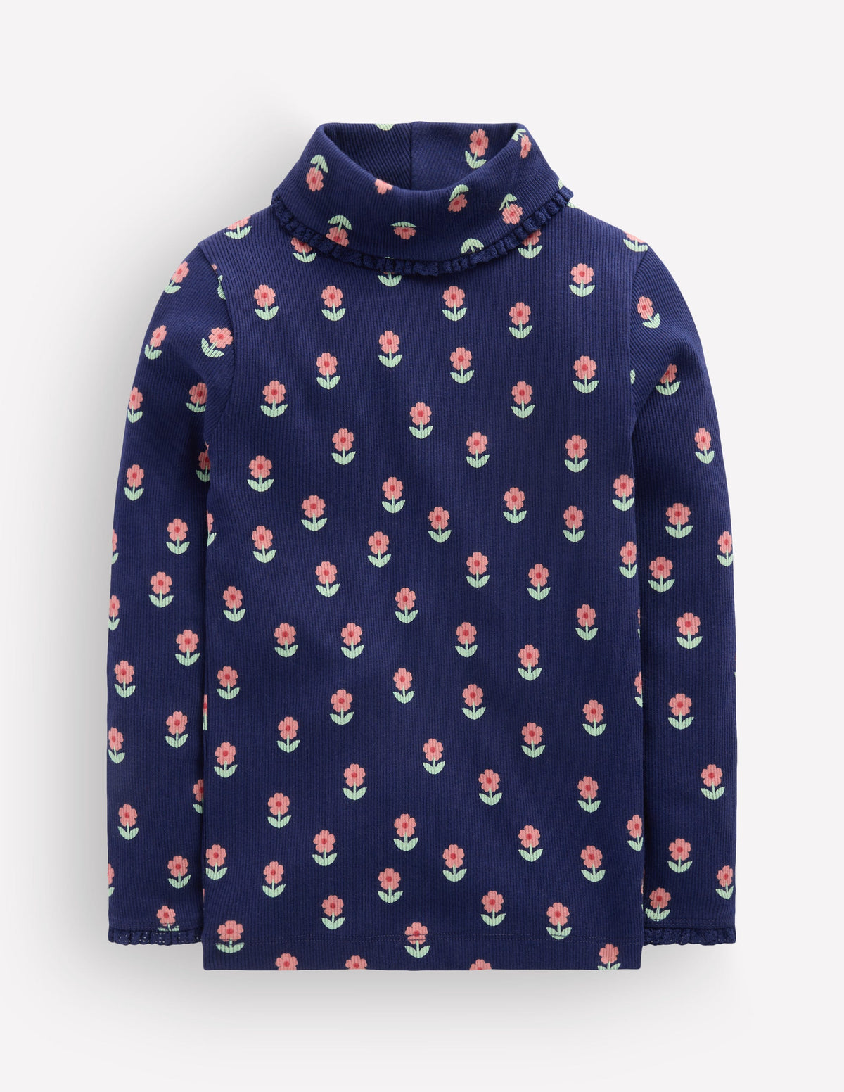 Lace Trim Roll Neck Top-Navy Flower Stamp - Image 1
