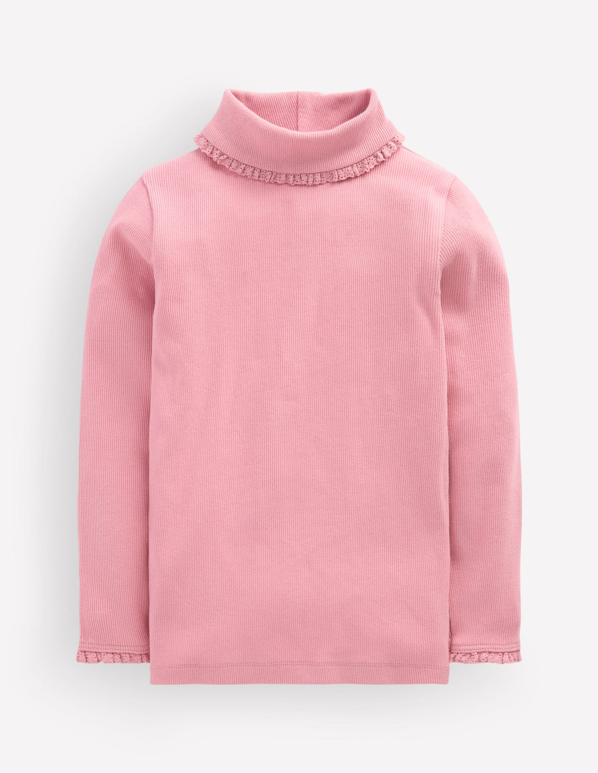 Lace Trim Roll Neck Top-Vintage Pink-1