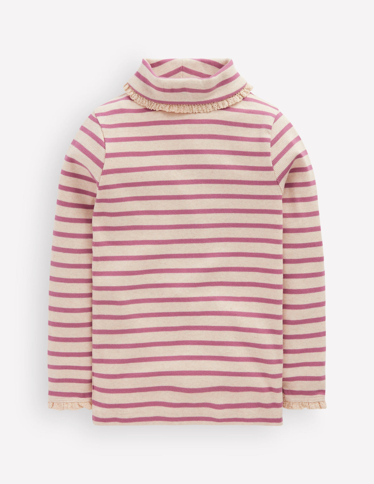 Lace Trim Roll Neck Top-Ivory/Pink Stripe - Image 1