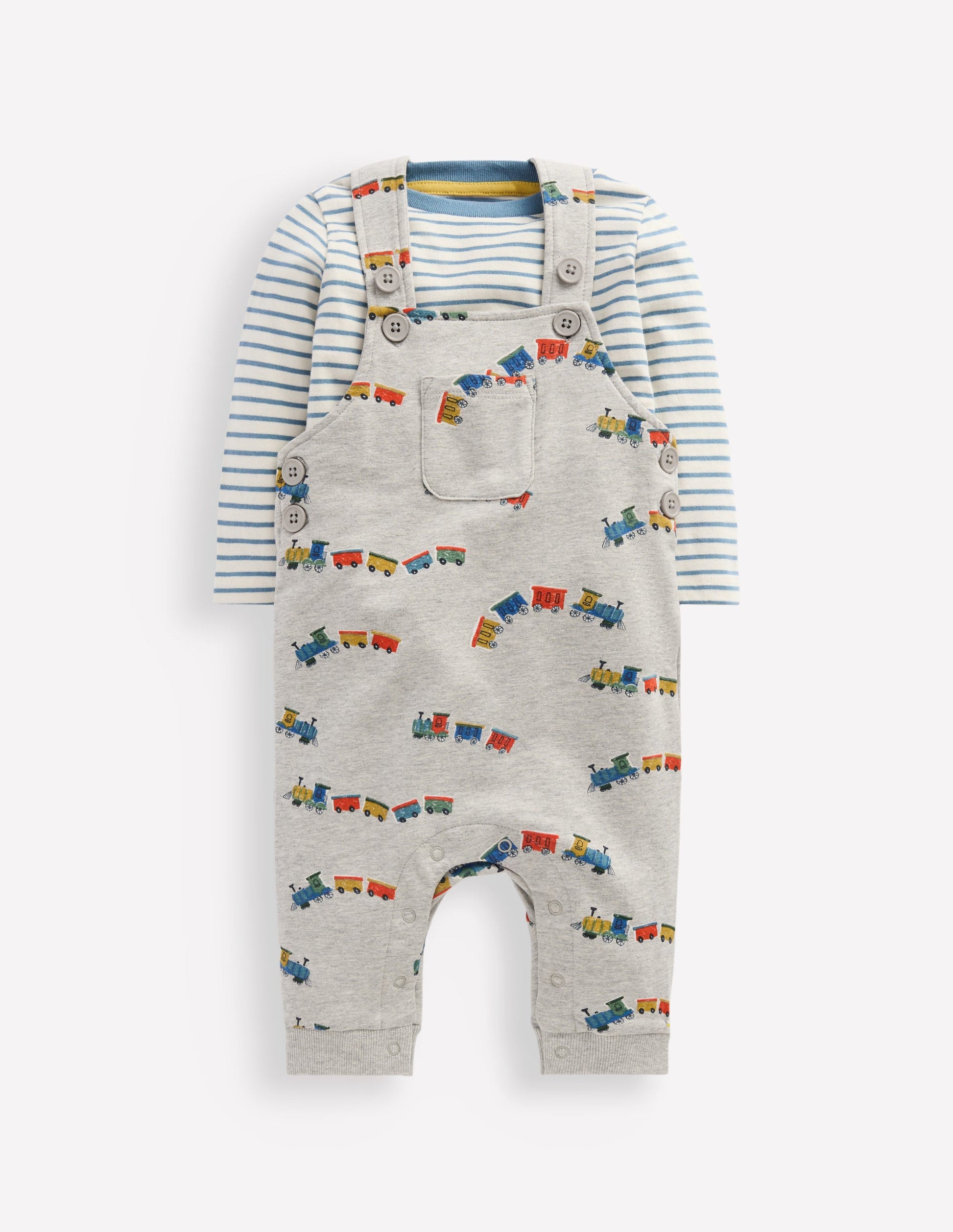 Jersey Dungarees Set-Grey Marl Trains-1