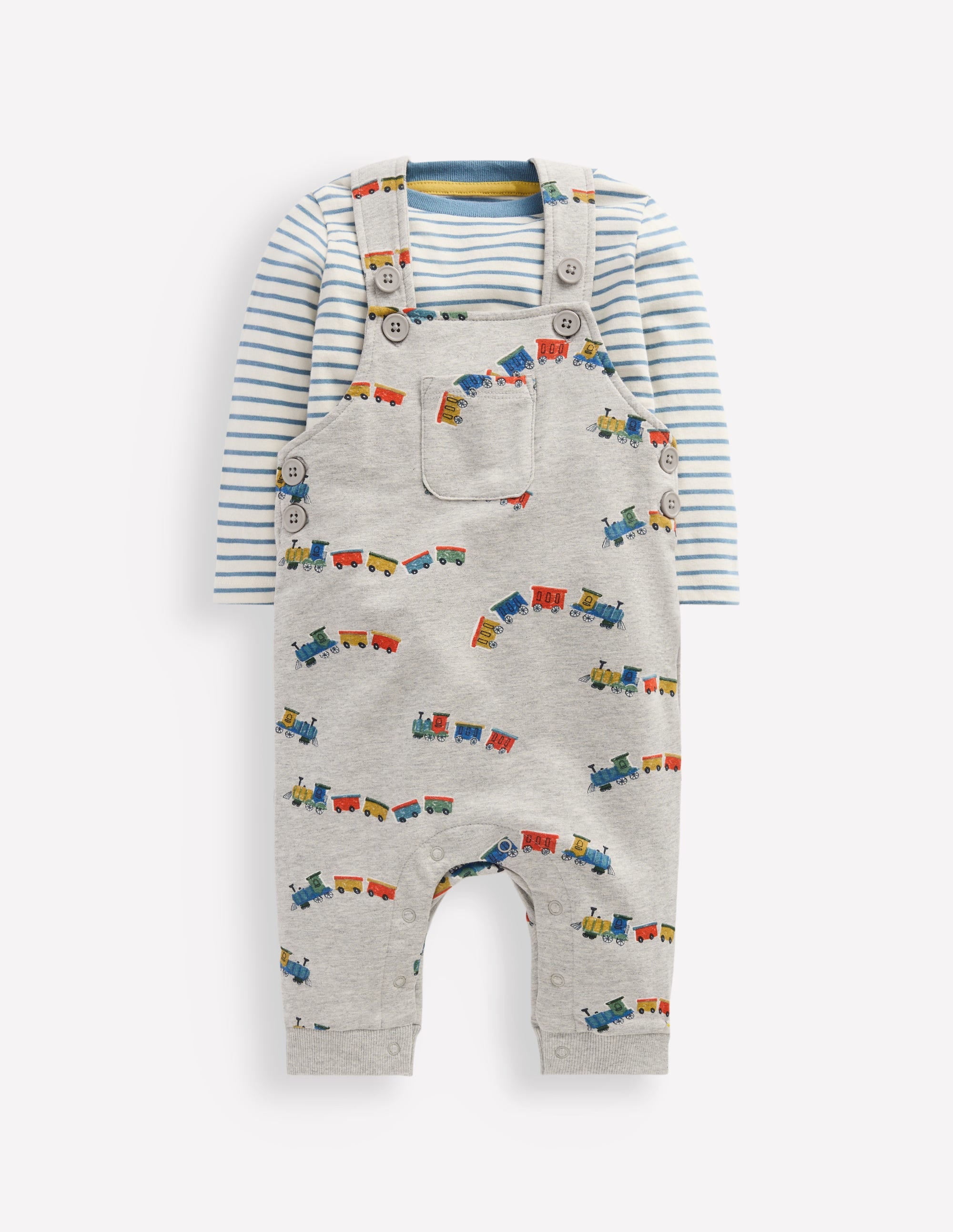 Jersey Dungarees Set-Grey Marl Trains - Image 1