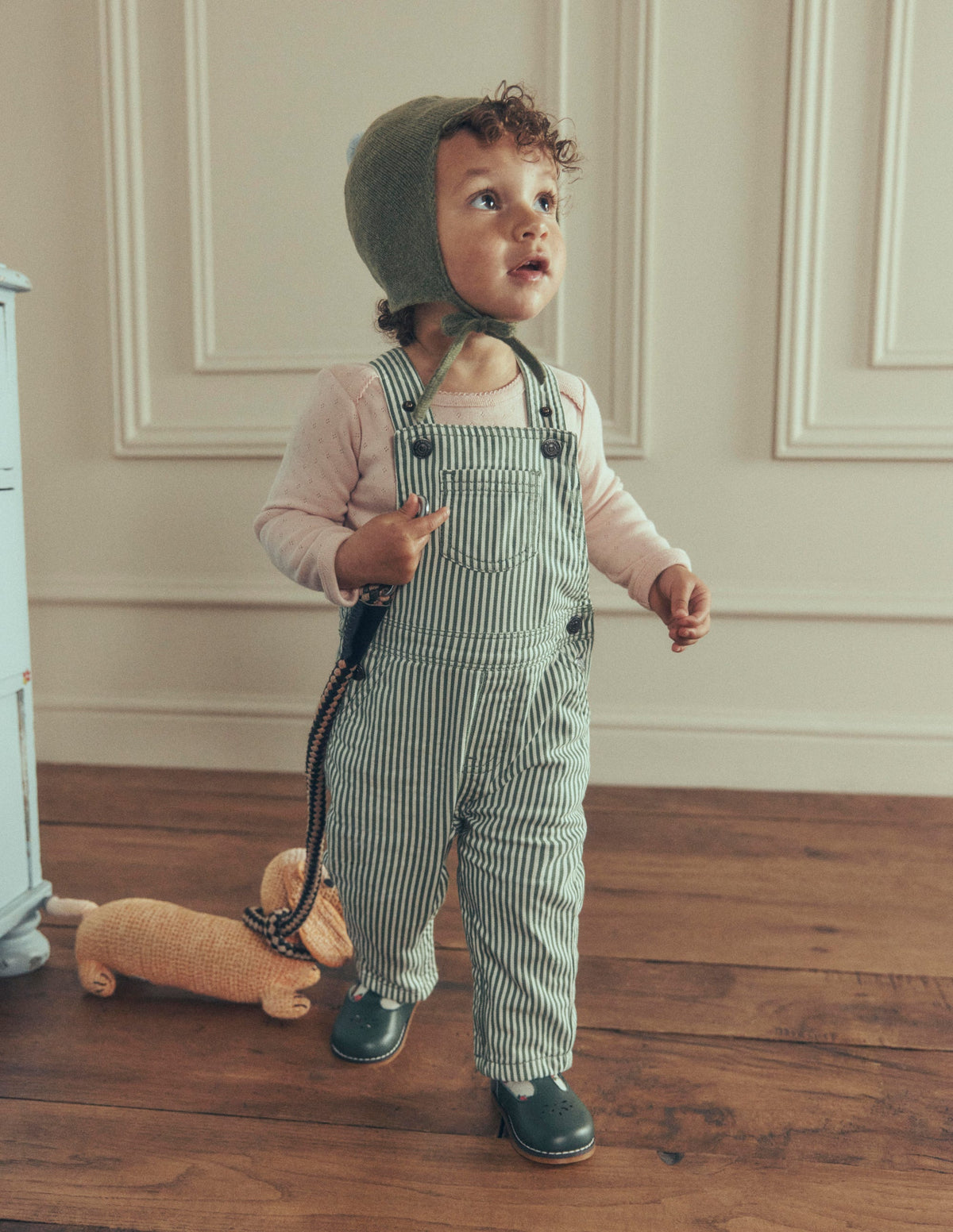 Woven Dungarees-Green Ticking Stripe - Image 1