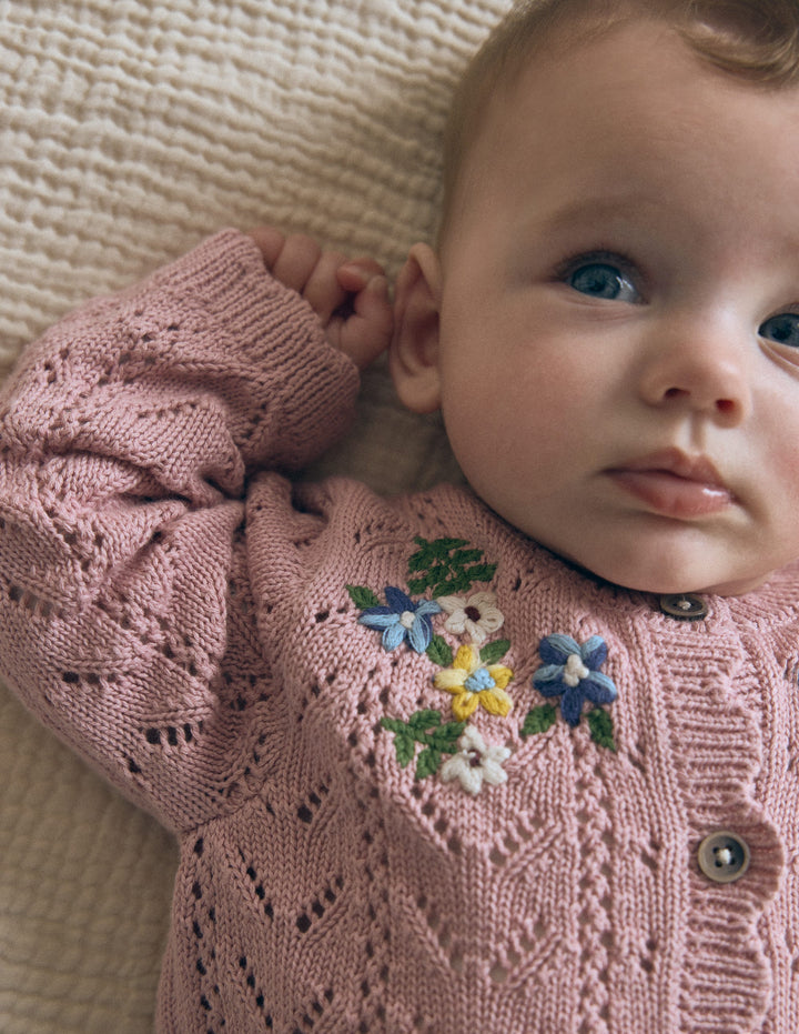 Embroidered Cotton Cardigan-Vintage Pink Mini Embroidered
