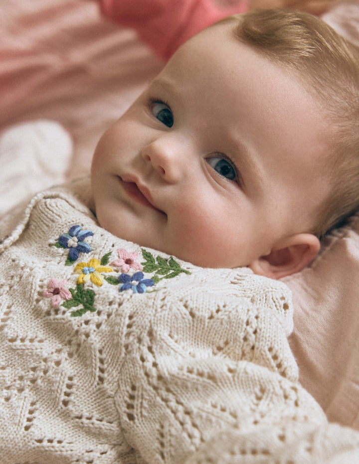 Embroidered Cotton Cardigan-Ecru Marl Mini Embroidered
