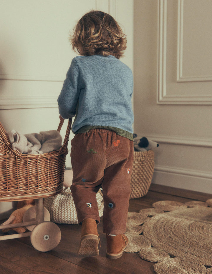 Cotton Cord Trousers-Embroidered Taupe