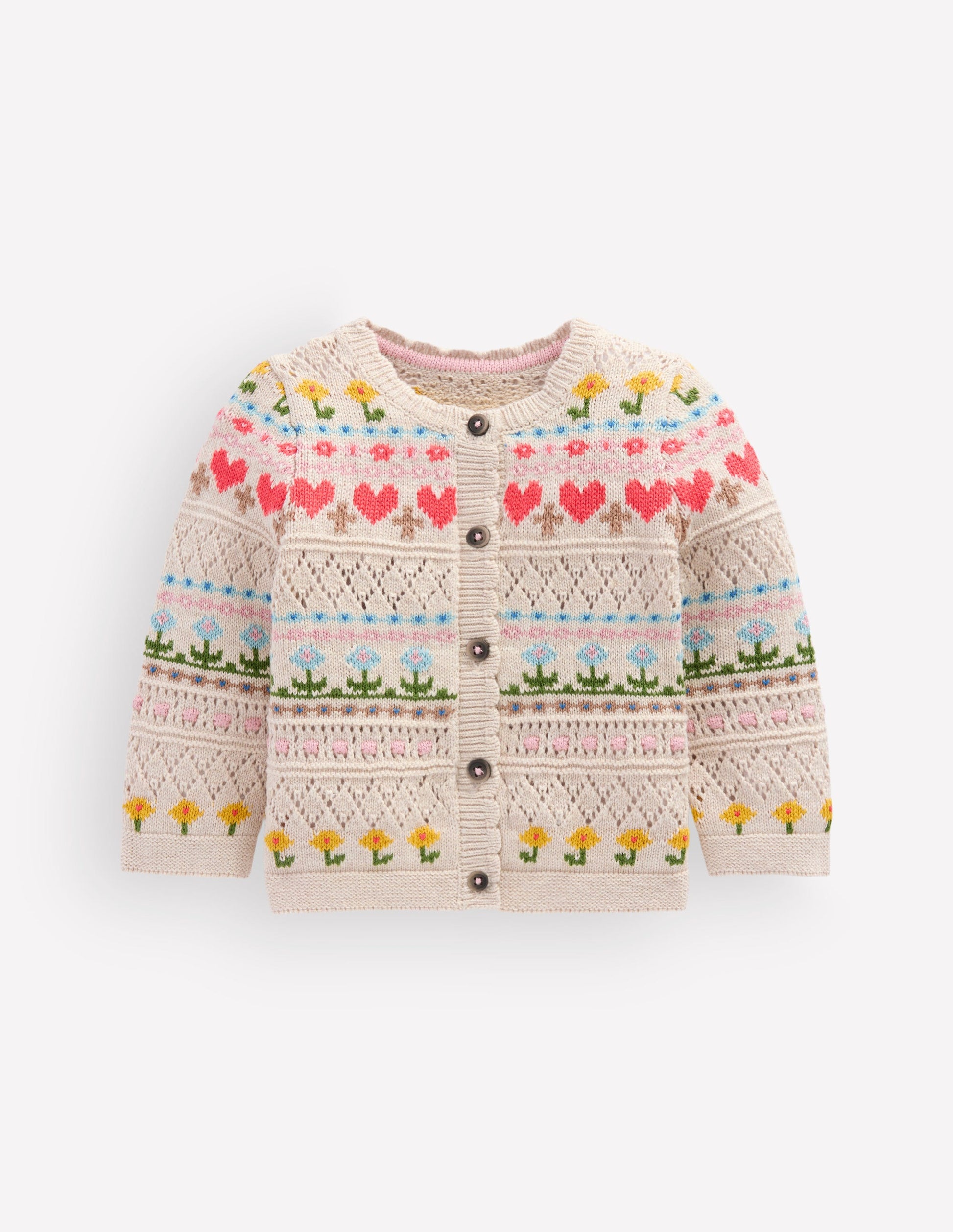 Cotton Fair Isle Cardigan-Oatmeal Marl Multi Flowers-2