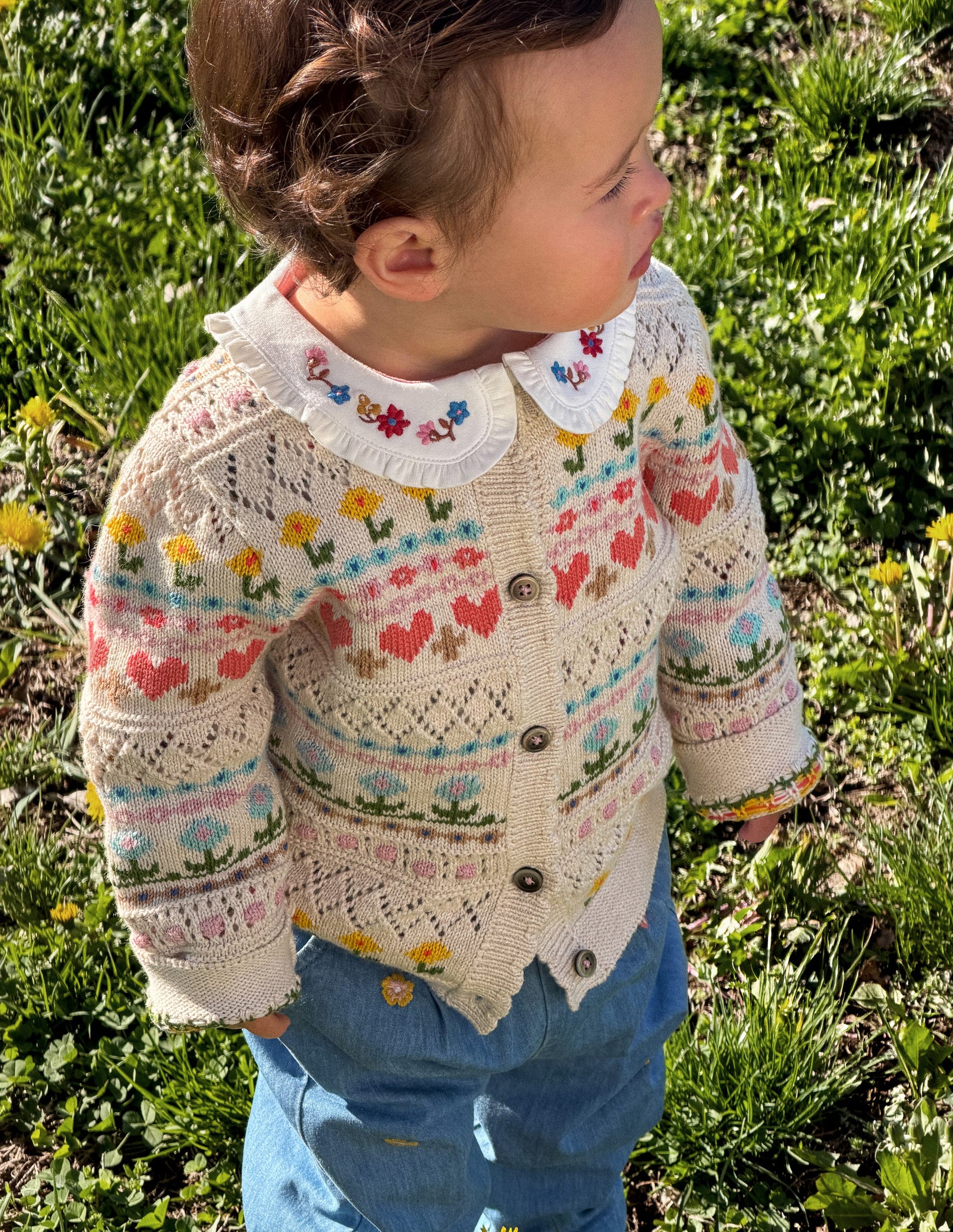 Cotton Fair Isle Cardigan-Oatmeal Marl Multi Flowers-4