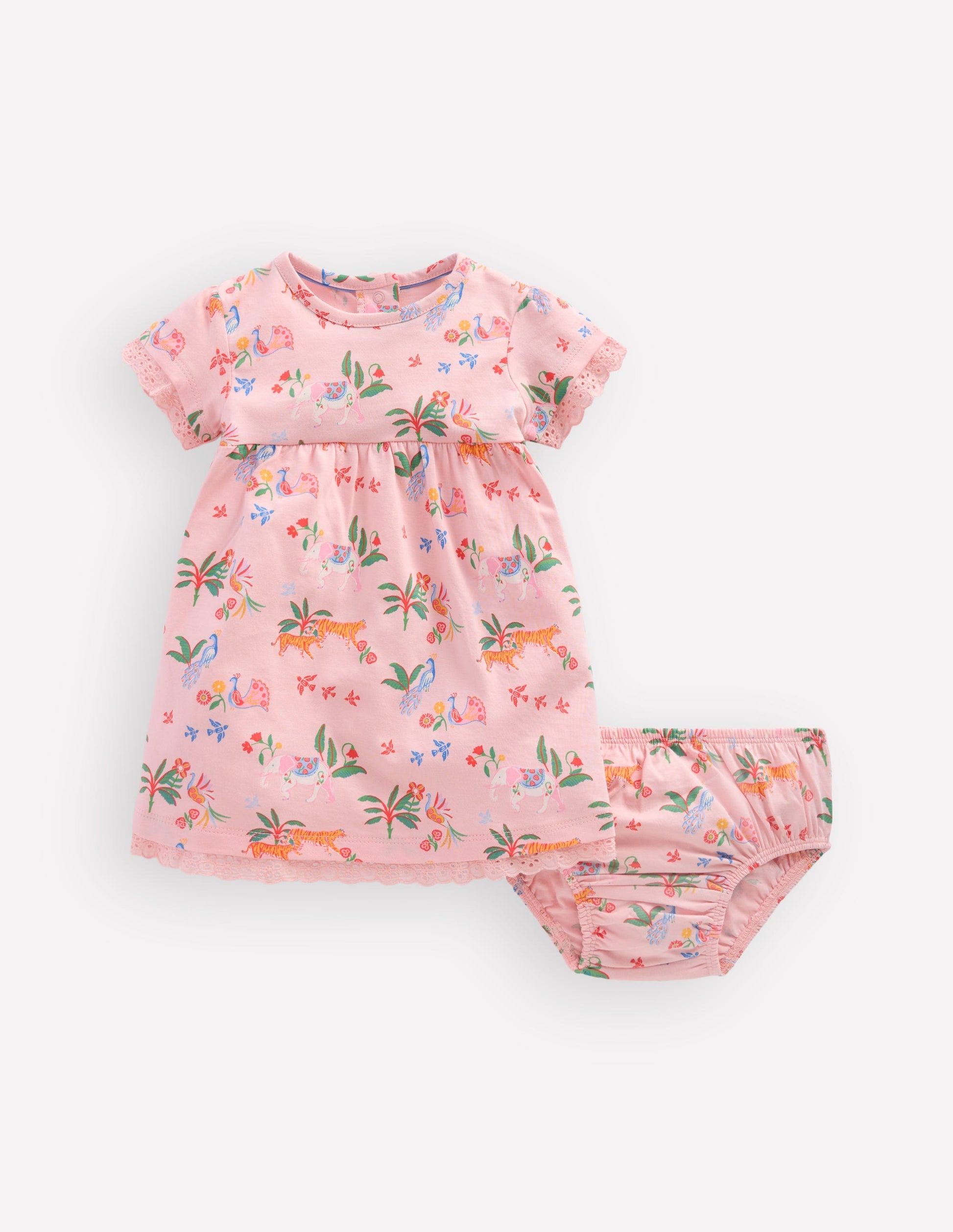 Broderie Trim Jersey Dress-Pink Tropical Animals-2