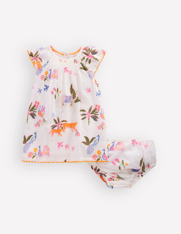Floaty Shirred Dress-Ivory Jungle Animals