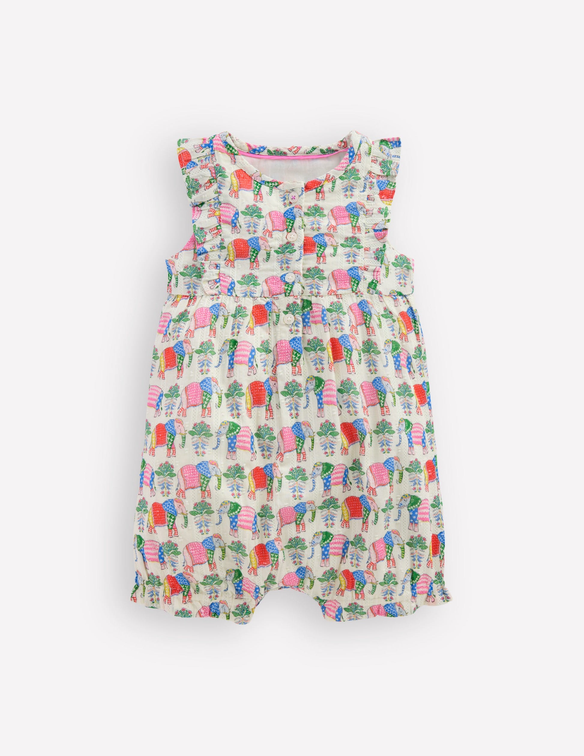 Short Frill Bubble Romper-Multi Elephant Woodblock-1