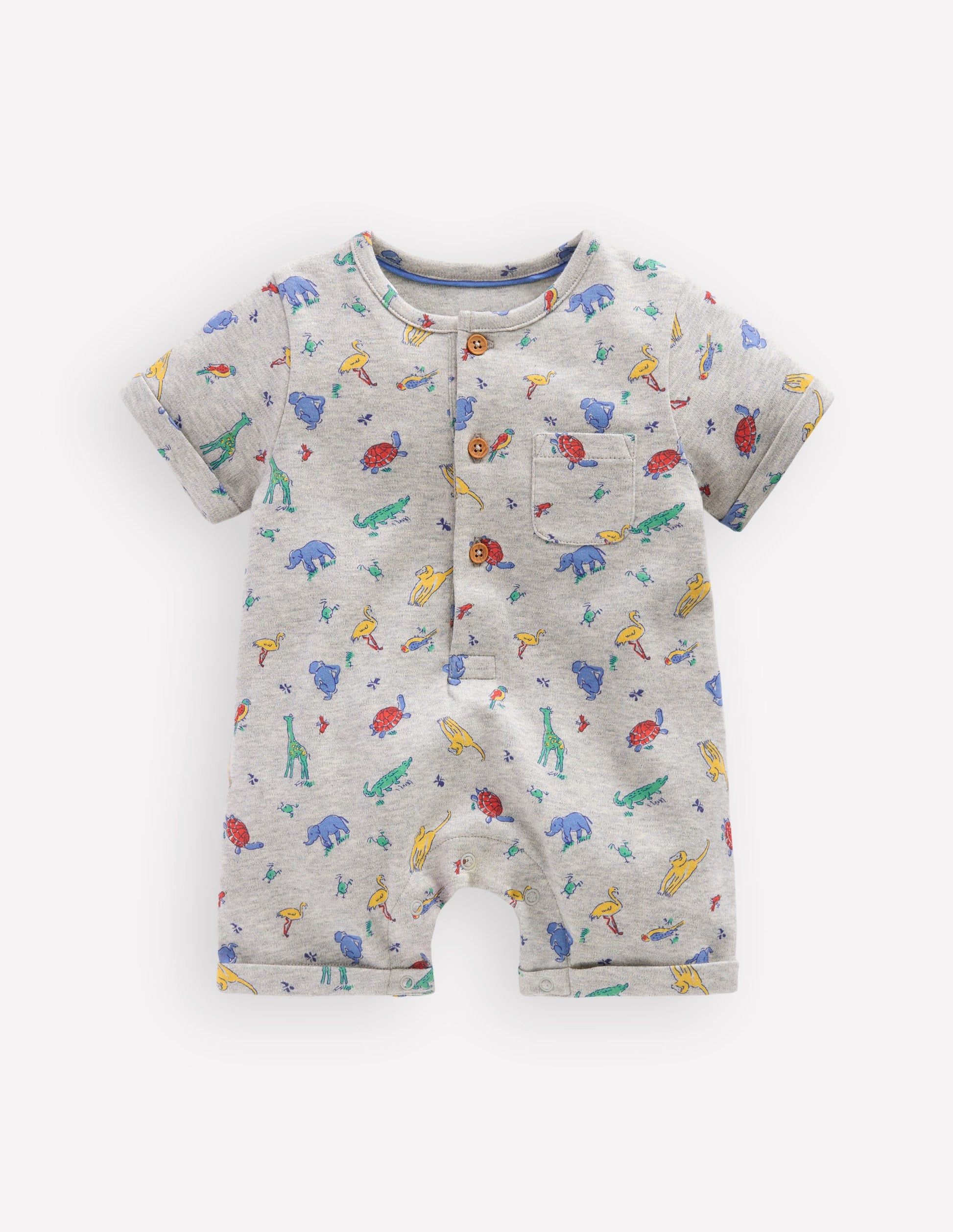 Short Sleeve Jersey Romper-Grey Marl Jungle Animals-1