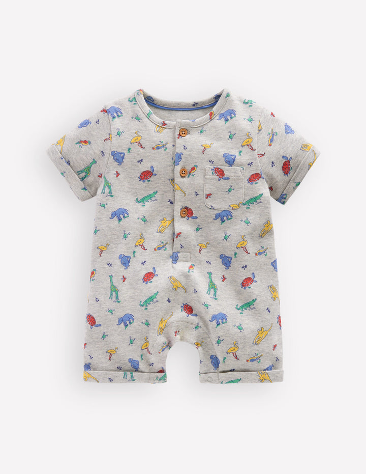 Short Sleeve Jersey Romper-Grey Marl Jungle Animals