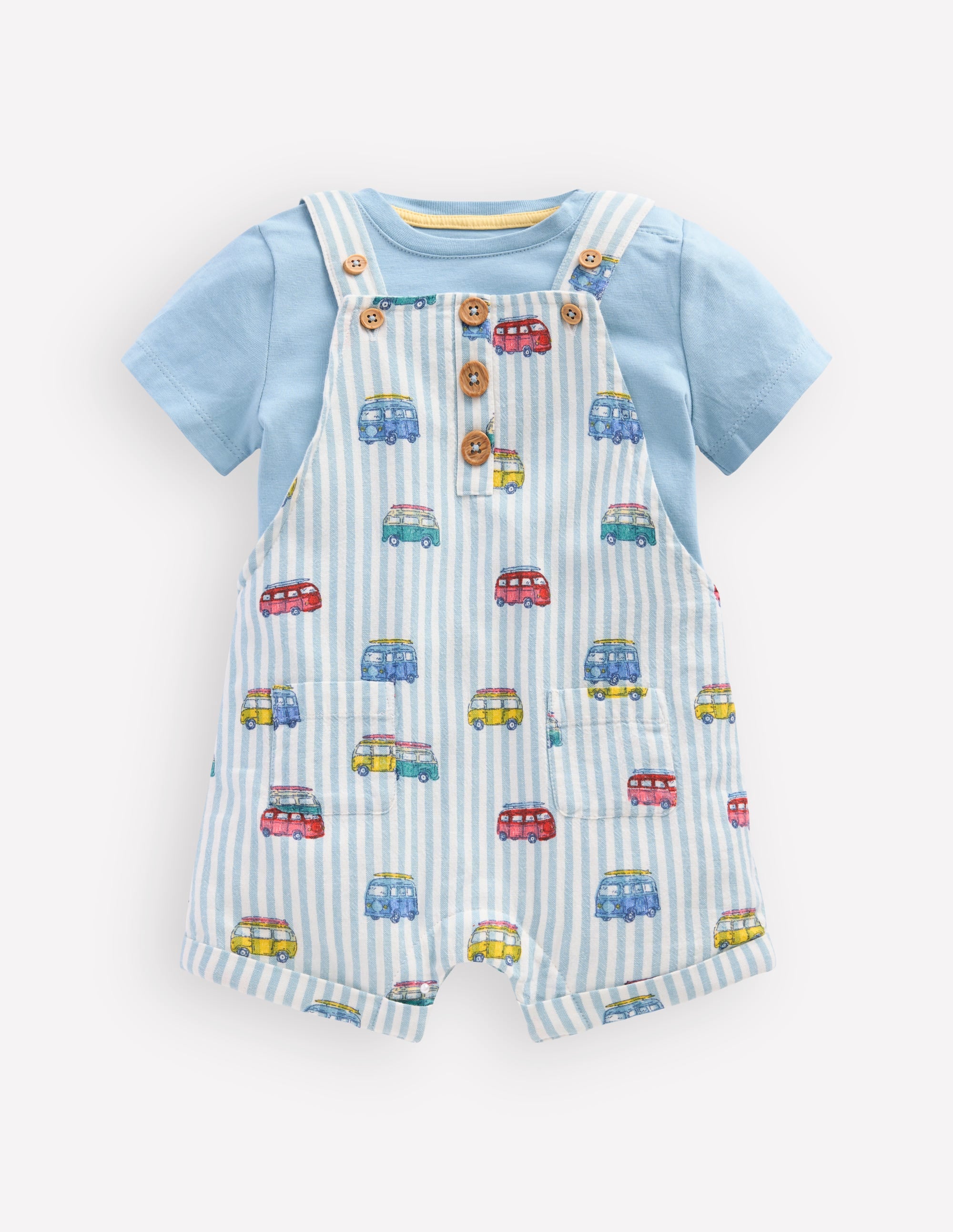 Short Woven Dungaree Set-Silver Lake Blue Camper Vans - Image 1