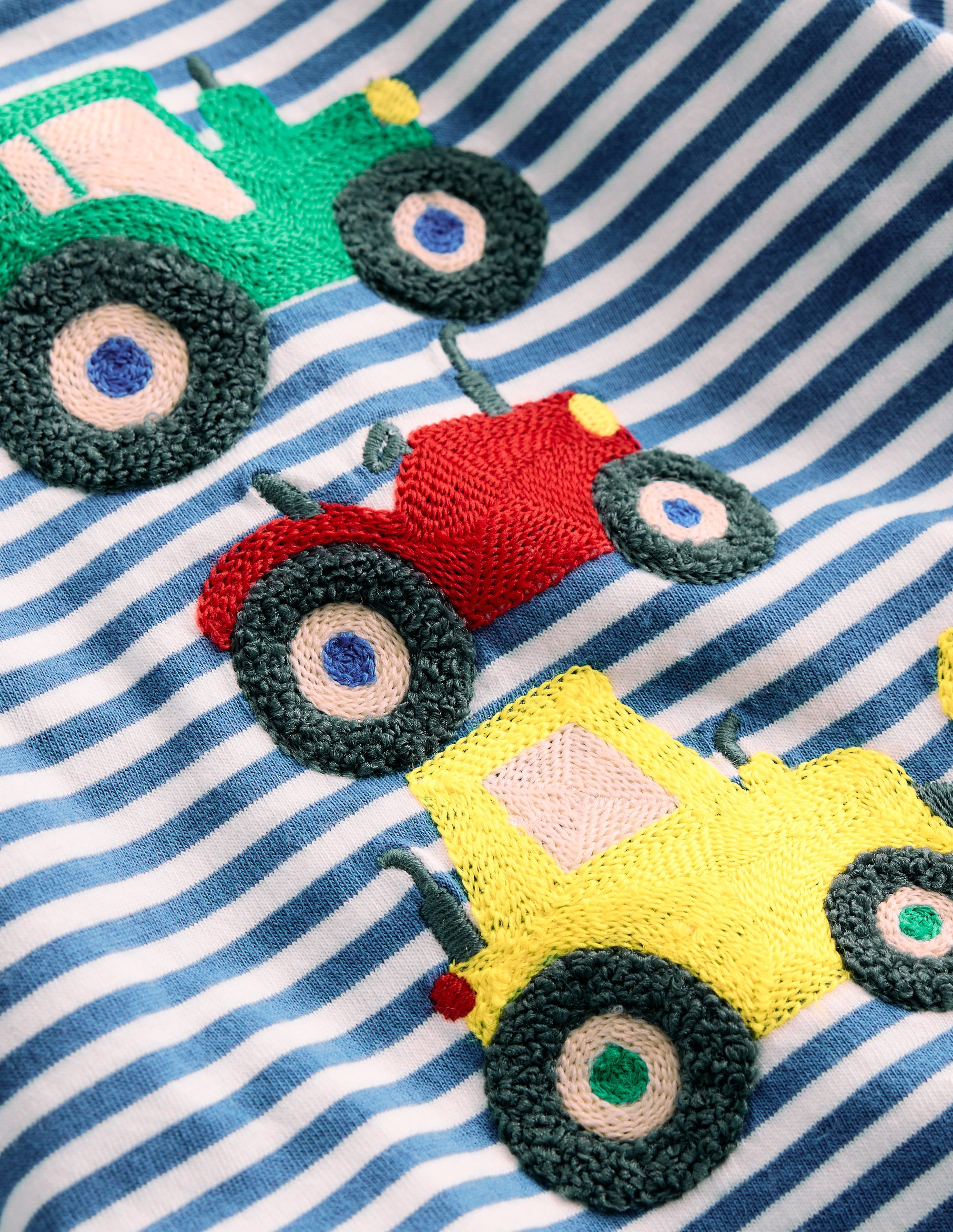 Long Sleeve Appliqué T-shirt-Blue Stripe Tractors - Image 3