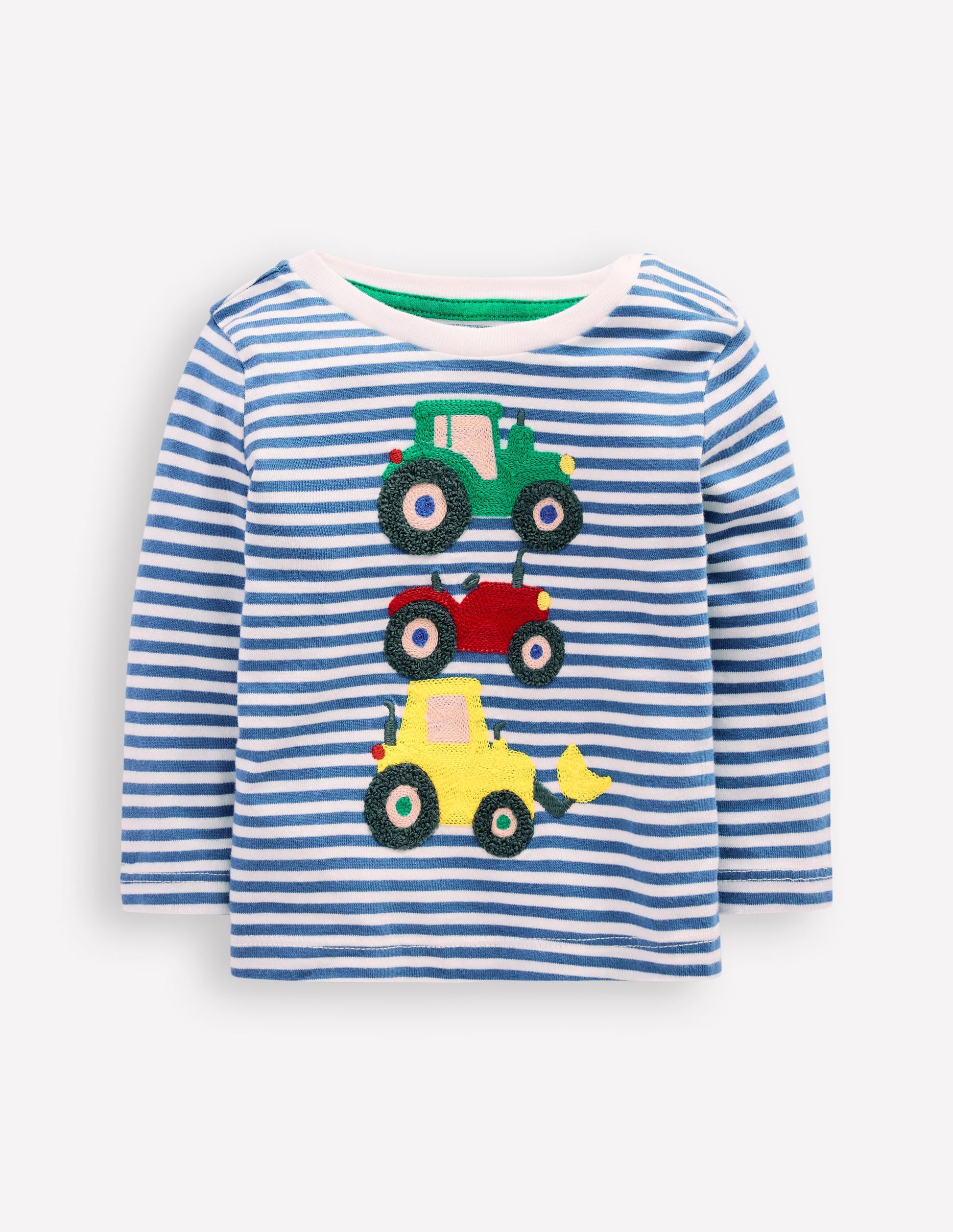 Long Sleeve Applique T-Shirt-Blue Stripe Tractors-1