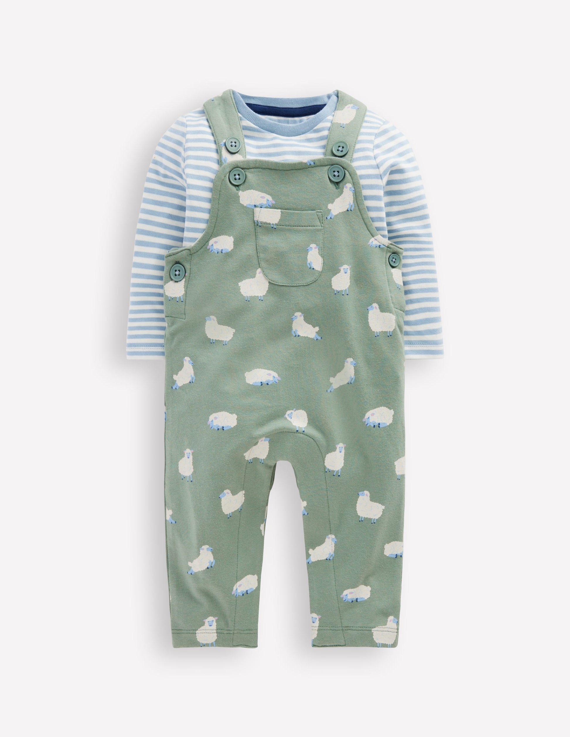Jersey Dungaree Set-Green Sheep-1