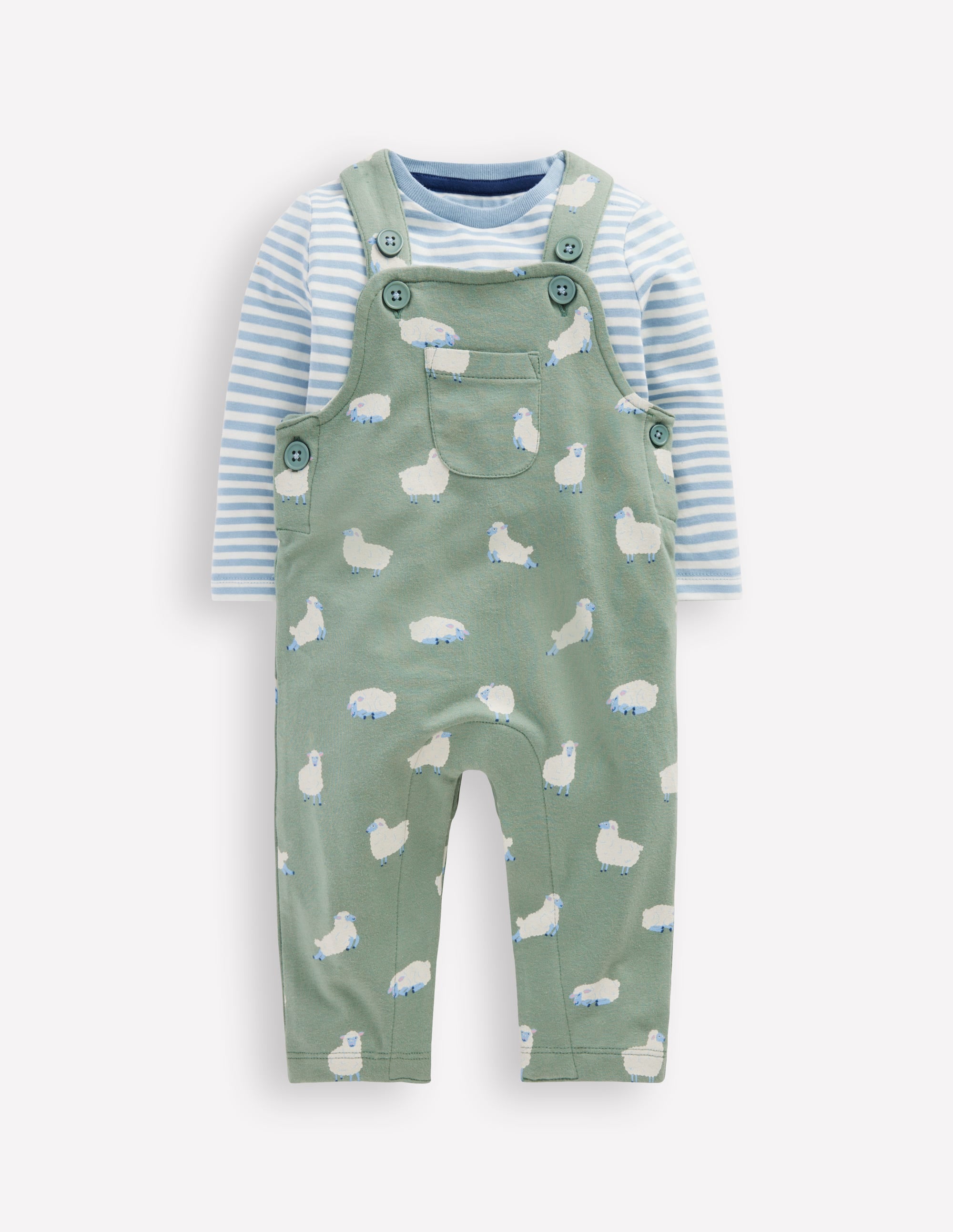 Jersey Dungaree Set-Green Sheep - Image 1