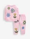Appliqué Sweatshirt Set-Pink Floral Patchwork
